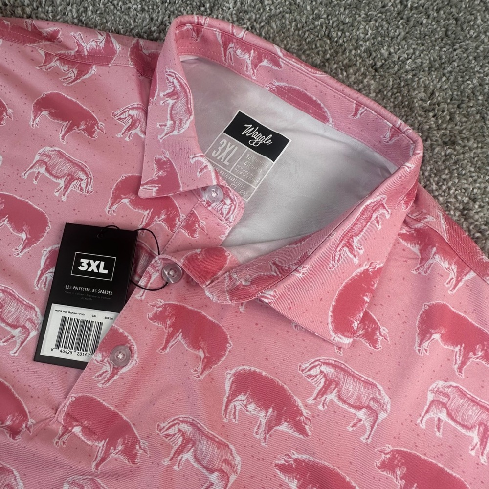 Waggle Hog Heaven Polo Mens 3XL Pink Pig Print Golf Performance Shirt NWT